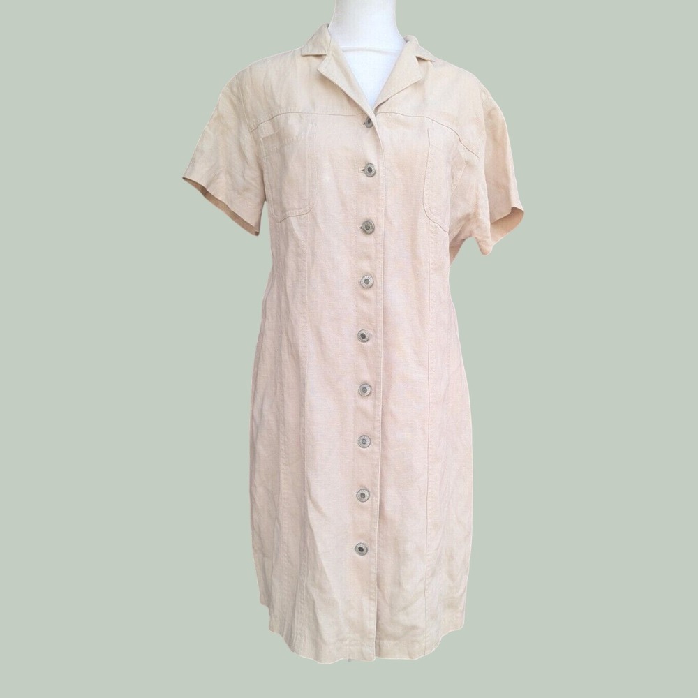 Chamonix Linen Tencel Blend Button Front Shirt Dress Tan Beige Size 10